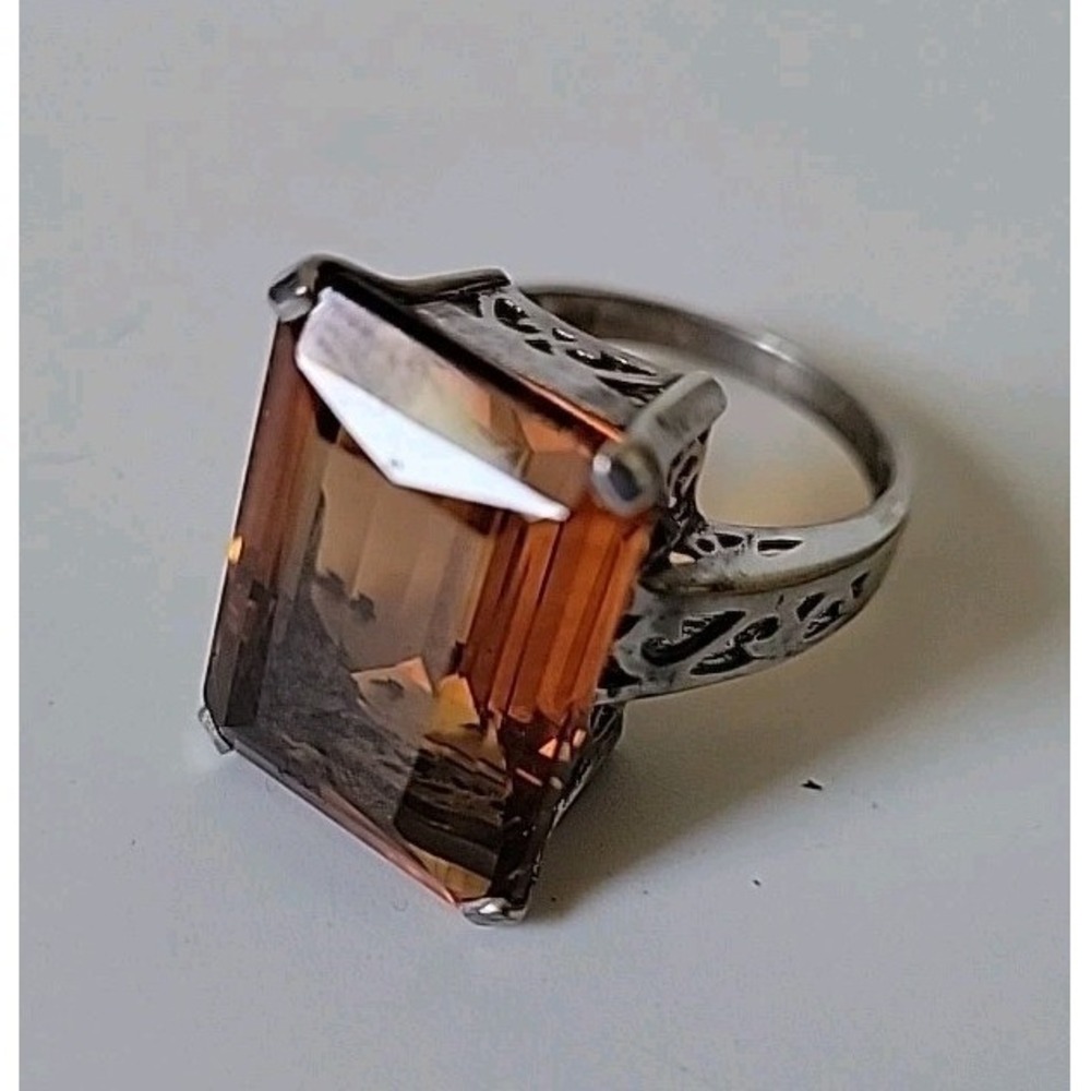Emerald Cut Citrine Sterling Silver 925 Filigree Ring Size 7 Prong Set Statement
